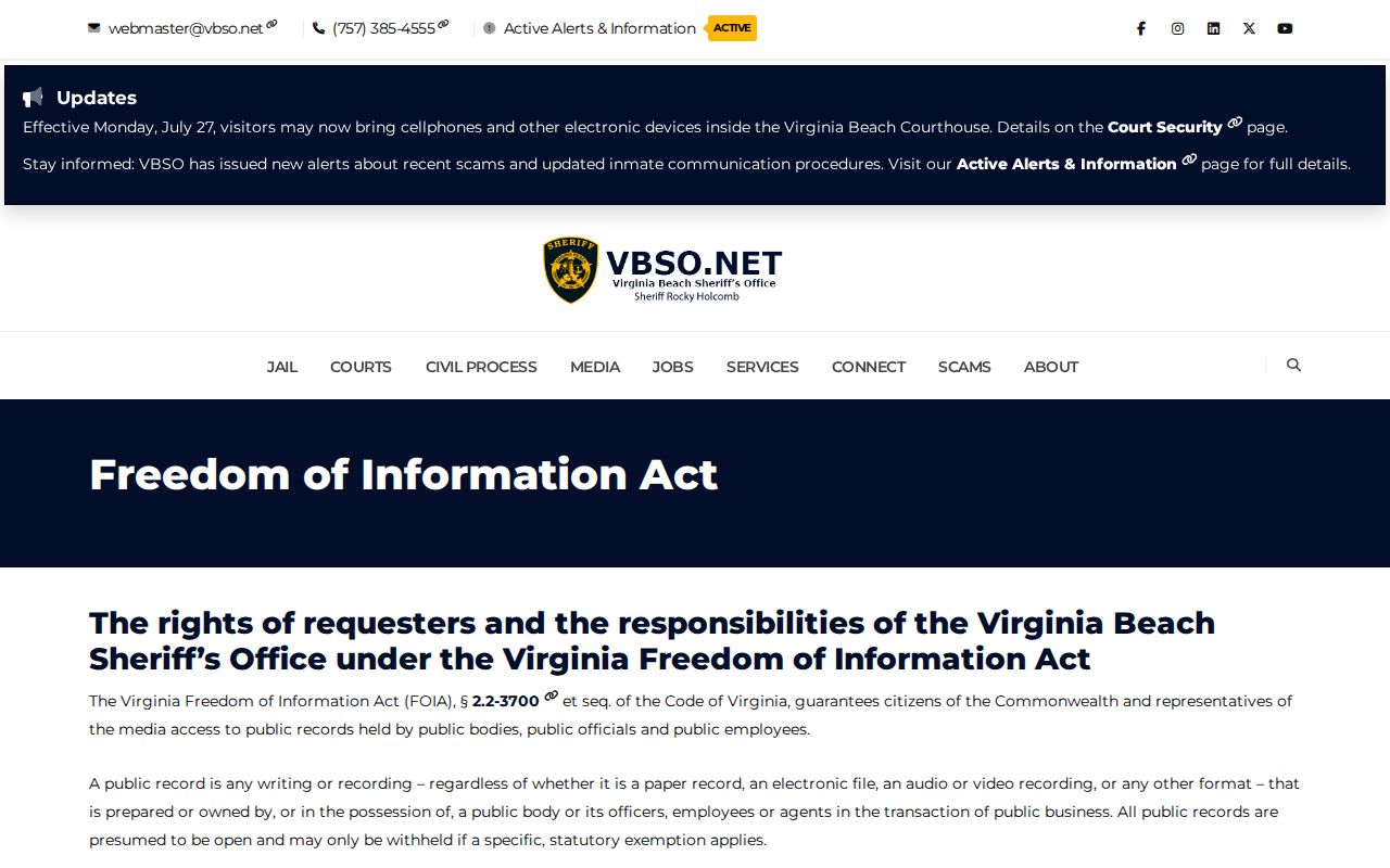 Virginia Beach City arrest records FOIA page for the sheriff