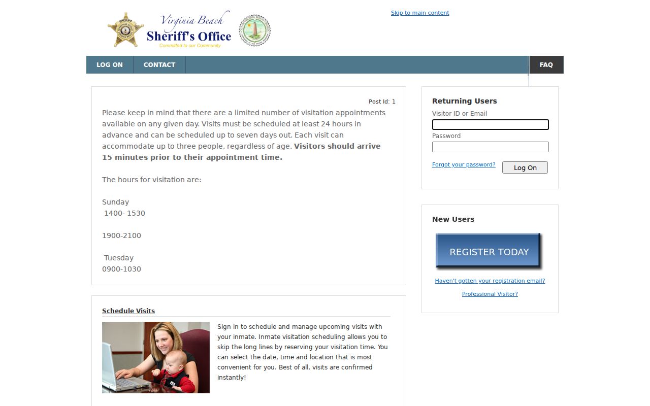 Virginia Beach City sheriff visitation system related to local custody