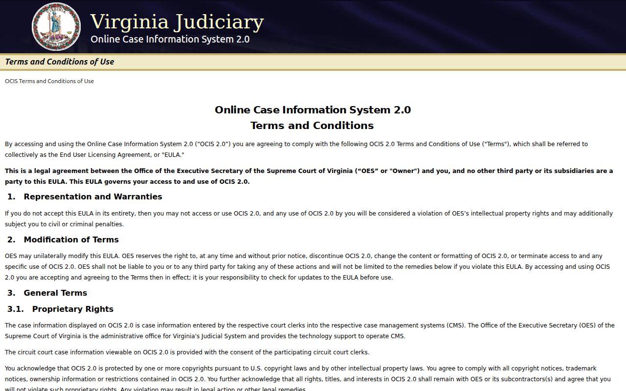 Virginia Beach criminal court records selection in the official OCIS system