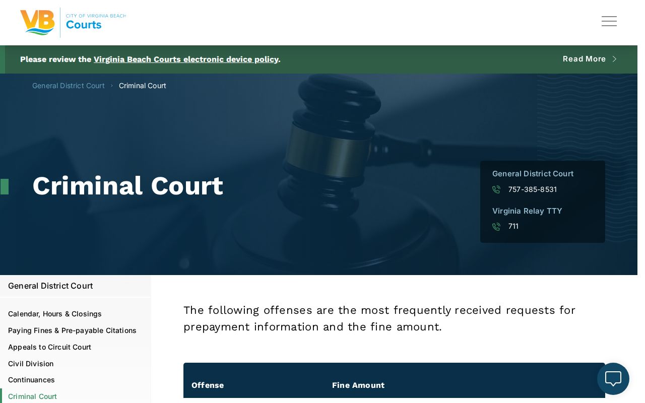 Virginia Beach General District criminal court record instructions