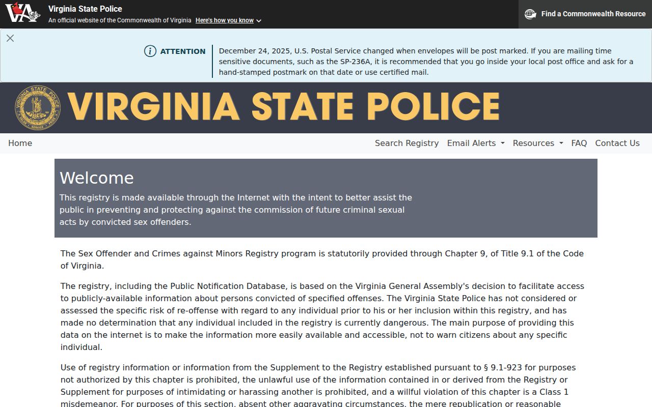 Virginia Beach sex offender registry profile fields without an identifiable registrant